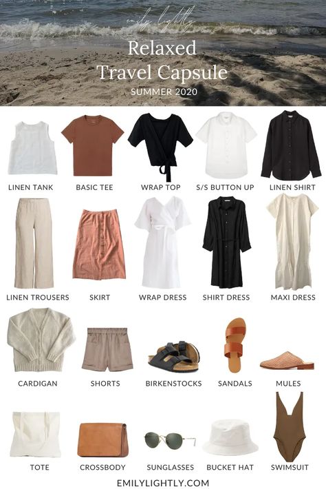 A Relaxed Summer Travel Capsule Wardrobe - Emily Lightly Boho Travel Outfits Summer, Traveler Capsule Wardrobe, Capsule Wardrobe Packing Summer, Comfortable Summer Travel Outfit, Neutral Travel Capsule Wardrobe, Natural And Relaxed Outfits, Summer Closet Capsule, Capsule Summer Wardrobe Travel Packing, Capsule Wardrobe Trip