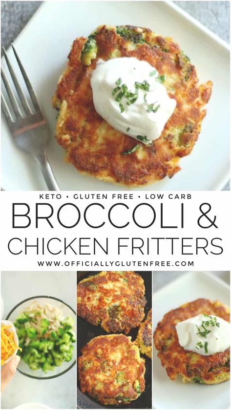 Keto Broccoli Chicken Fritters | Easy Broccoli Cheddar & Chicken Fritters Keto Chicken Fritters, Chicken Fritter, Chicken Fritters Recipe, Low Carb Broccoli, Chicken Fritters, Leftover Ideas, Gf Meals, Broccoli Cheddar Chicken, Broccoli Fritters