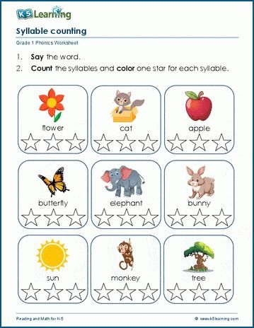 Syllables worksheets | K5 Learning Counting Syllables Worksheet, Syllables Worksheet, Free Phonics Worksheets, Phonics Worksheets Grade 1, Kindergarten Grammar, Kindergarten Vocabulary, Phonics Worksheets Free, Phonics Free, Cursive Writing Worksheets