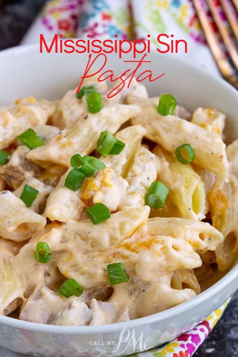 Extra creamy, wildly delicious, and super easy is this Mississippi Sin Pasta recipe is the ultimate comfort food. #pasta #ham #cheese #recipe #MSsindip #MississippiSinDipPasta Leftover Mississippi Chicken Recipes, Pasta Ham, Sin Dip, Cheesy Pasta Recipes, Food Pasta, Favorite Dips, Cheesy Pasta, Ham Cheese, Cheese Recipe