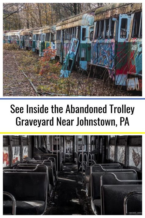 Located a few miles south of Johnstown, Pennsylvania, is one of the oddest destinations in the state: the Abandoned Trolley Graveyard. Officially known as the Vintage Electric Streetcar Company, this site is home to approximately 40 vintage trolleys waiting patiently for restoration or to be used as parts in the restoration of other vintage streetcars. Johnstown Pennsylvania, Pennsylvania Turnpike, Bethlehem Steel, Pennsylvania Travel, Hidden History, Abandoned Train, Abandoned Amusement Parks, Waiting Patiently, Most Haunted Places