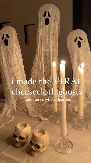 Karli Jones  | design inspo + luxury dupes for less on Instagram: "you asked how I made my cheese cloth ghosts so here you go 🤍🕸️  After i made my first ghost with the glue, I honestly wanted to give up. It was so hard to work with and extremely messy.  The mod podge was WAY easier.  I used a 1:1 ratio and that seemed to work for me. If you’re using glue, I’d personally add more water, but the 1:1 ratio did work for the large one. It was just really challenging to work with.  This isn’t a “once you’re done, you’re done!” Project. I went back and adjusted the ghosts a few time, so they wouldn’t stick to the paper and to make sure they were balanced  SAVE this video and type SHOP if you want all the materials I used   Let me know if you try this and if you have any more questions, drop the Cheese Cloth Ghost, Cheesecloth Ghost, The Mod, Halloween 2018, More Water, Cheese Cloth, Mod Podge, Design Inspo, Giving Up