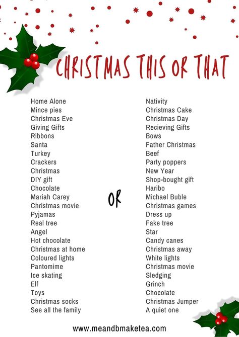 Grab your free Christmas this or that quiz printable so you can play with the whole family this holiday time. Christmas Questions, Michael Buble Christmas, Blogger Ideas, Christmas Quiz, New Year Diy, Christmas Turkey, Party Poppers, Make Tea, Christmas Activity