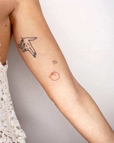 Peaches And Cream Tattoo, Peach Line Tattoo, Cute Peach Tattoo, Tiny Peach Tattoo, Small Peach Tattoo, Peaches Tattoo, Peachy Tattoo, Dreams Tattoo, Mushroom Lady