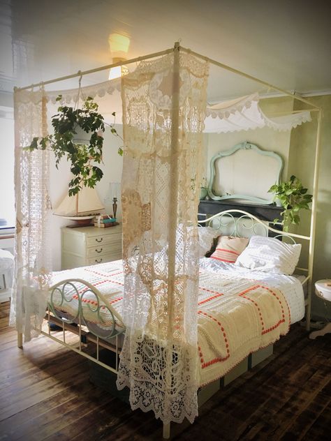 . #nursery #room #nurserydecor #baby #bedding #babyboy #pillows #canopy 4 Poster Bed Aesthetic, Poster Bed Ideas Decor, Poster Beds With Curtains, Four Poster Bed Ideas Bohemian, 4 Poster Bed With Curtains, Four Poster Bed Curtains, Canopy Boho Bedroom, Lace Canopy Over Bed, Canopy Bed Ideas Plants