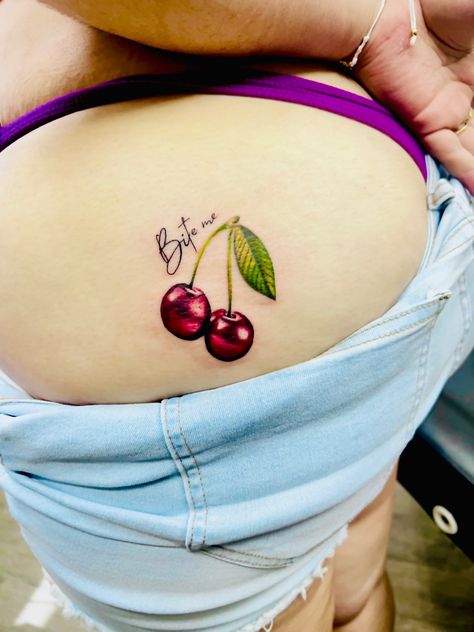 Cherry Tattoo Buttcheek, Cherry Tattoos For Women, Cherries Tattoos, Cherry Tattoo On Bum For Women, Cherry Tattoo Design, Tattoo Cherry, Tattoo Symbolism, Leopard Print Tattoos, Cherry Tattoo