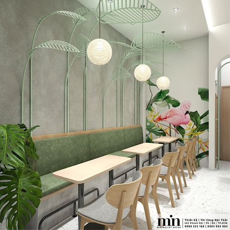 Small Space Cafe Design Interiors, Juice Bar Interior, 80s Interior Design, Green Painted Walls, Green Cafe, 80s Interior, Lobby Interior Design, Small Cafe Design, Coffee Restaurants