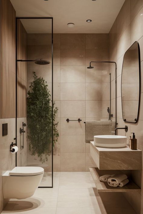 Design a minimalist bathroom with earthy elements. Use beige tiles, minimalist fixtures, and potted plants to create a warm, relaxing escape. #MinimalistBathroom #BathroomDesign #NatureInspiredDecor #NeutralBathroom #BathroomGoals #ClutterFreeLiving #GreeneryDecor #WarmInteriors #BathroomInspo #InteriorStyling Beige Stone Bathroom Ideas, Romantic Ensuite Bathroom, Sandy Tiles Bathroom, Bathroom Inspo Minimalist, Beige Bathroom Accent Colors, Earthy Interior Design Bathroom, Japandi Apartment Bathroom, Neutral Shower Room, Earthy Ensuite