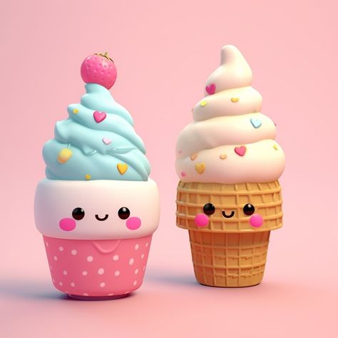 "Indulge in the sweetness of pure delight with a cute, kawaii ice cream treat. Its vibrant colors and adorable smile melt hearts, spreading joy and deliciousness with every lick." Kawaii Business, Fun Keyboards, Ice Cream Kawaii, 3d Ice Cream, Clay Ice Cream, Ice Cream Painting, Ice Cream Cute, Kawaii Ice Cream, Cute Ice Cream