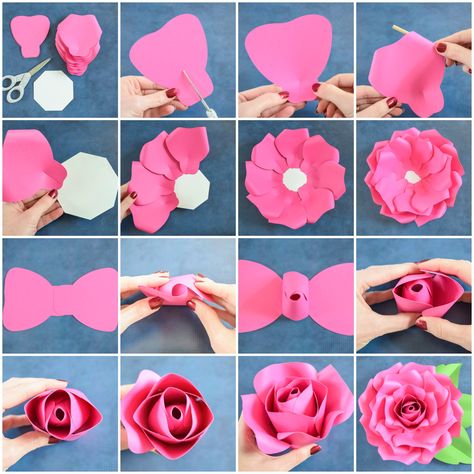 Giant Paper Flowers-How to Make Paper Garden Roses with Step by Step Tutorial Backyard Roses, Big Paper Flowers, Paper Rose Template, Diy Paper Flowers, Make Paper Flowers, Diy Flores, Folding Origami, Easy Paper Flowers, Paper Flower Wall Decor