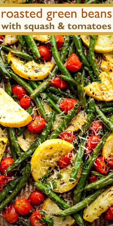 Roasted Green Beans with Squash and Tomatoes is a hearty sheet-pan side dish that brings out the best in these healthy veggies! Gently caramelized and seasoned to perfection, the colorful trio of summer squash, cherry tomatoes, and green beans are sure to be a family favorite. Pan Green Beans, Roasted Potato Recipes, Green Beans And Potatoes, Tomatoes Recipe, Roasted Vegetable Recipes, Roasted Green Beans, Roasted Cherry Tomatoes, Green Bean Recipes, Healthy Side