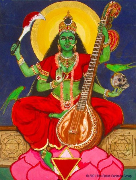 GODDESS MATANGI: Matangi is the Hindu Goddess of Inner Thought and Wisdom. This means she oversees the spoken word as she mystically presides over the more mystic inner kind of knowledge. Matangi is... Aadi Shakti, Saraswati Goddess, Kali Goddess, Hinduism Art, Divine Mother, Vedic Astrology, God Pictures, Ancient Temples, Hindu Deities