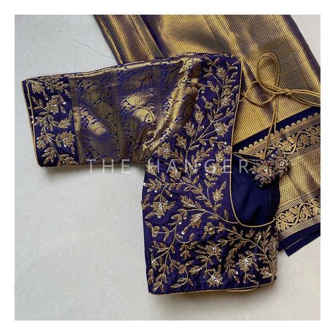 Velvet Embroidery Blouse, Navy Blue Pattu Saree, Blouse Designs For Designer Sarees, Gold Blouse Designs, Exclusive Blouse Designs, Indigo Saree, Maggam Designs, Maggam Blouses, Magam Work