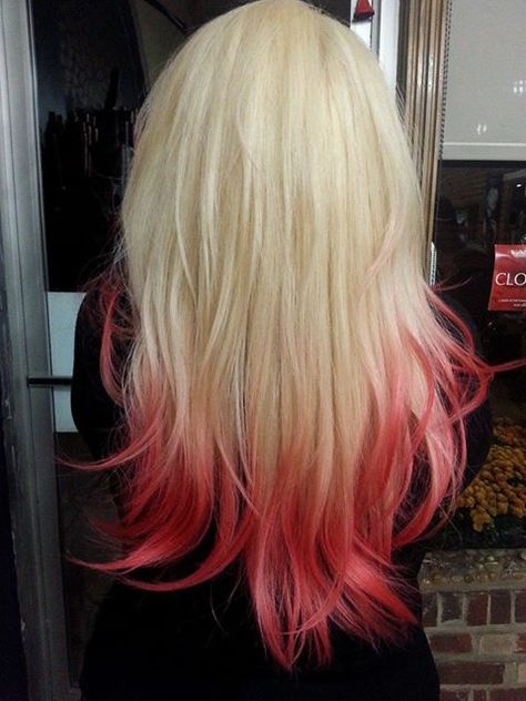 Blonde Into Red Ombre, Platinum Blonde Hair With Pink Tips, Blond With Pink Tips, Blond With Colored Tips, White Hair Pink Tips, Blonde Hair Colored Tips, Pink Tips Hair Blonde, Blonde Hair With Colored Ends, Pink And Platinum Hair