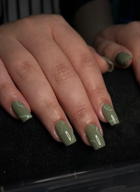 Short green square gel extension nails with swirl design Short Nail Extension Ideas, Green Nails With Design Short, Sage Green Short Square Nails, Olive Green Nails Square, Dark Green Nails Short Square, Green Nails Ideas Simple, Sage Green Nails Ideas, Engagement Nails Green, Bottle Green Nails Ideas