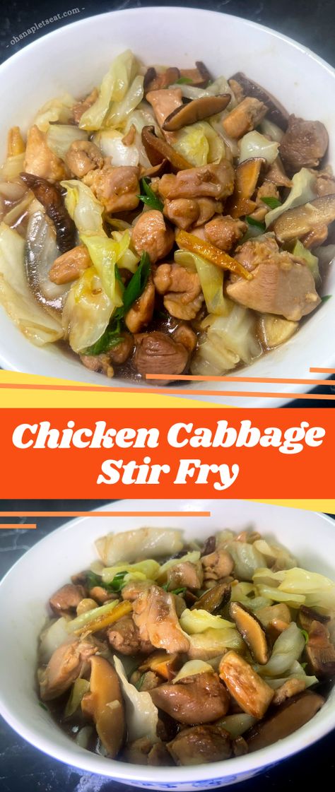 Chicken Cabbage Stir Fry - marinated chicken stir fried with garlic, ginger, shiitake mushrooms, cabbage and more in a flavorful sauce! Chicken Cabbage Stir Fry, Chicken Cabbage, Dinner Board, Vegetarian Oyster Sauce, Chinese Chicken Recipes, Cabbage Stir Fry, Chicken And Cabbage, Chinese Vegetables, Fry Recipes