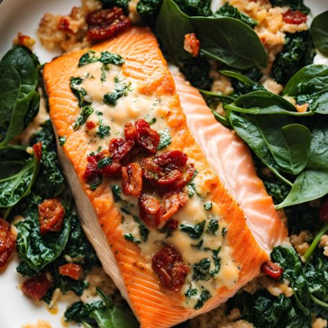 Stuffed Salmon with Creamy Cheese, Sun-Dried Tomatoes, and Spinach - sorawallpaper Oven Salmon, Stuffed Salmon, Sundried Tomato, Garlic Olive Oil, Roasted Salmon, Sun Dried Tomatoes, Creamy Cheese, Oven Recipes, Easy Dishes