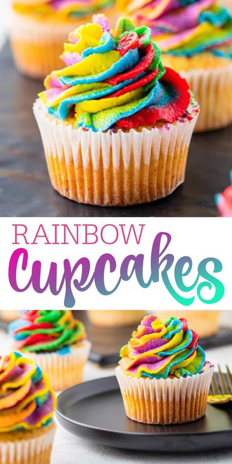 These cupcakes are so good and the colorful icing is so fun! Colorful and yummy Rainbow Cupcake. Funfetti Cupcake Recipe, Rainbow Icing, Colored Frosting, Best Chocolate Cupcakes, Rainbow Cupcake, Moist Cupcakes, Rainbow Cupcakes, Cupcake Liners, Vanilla Cupcakes