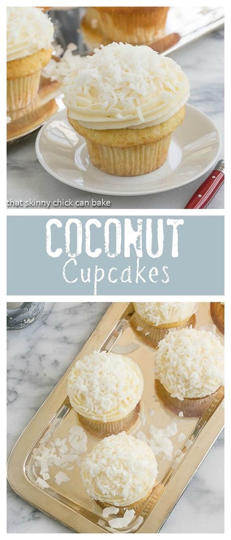 Coconut Cupcakes - Moist and tender coconut cupcakes topped with a delicious mound of cream cheese frosting #dessert #cupcakes #coconut #creamcheesefrosting #easter #holiday #birthdaycake #thatskinnychickcanbake Rum Cupcakes, Coconut Cupcake, Fall Sweets, Tender Coconut, Cupcakes Recipes, Cupcakes With Cream Cheese Frosting, Coconut Cupcakes, Pretty Cupcakes, Drink Inspiration