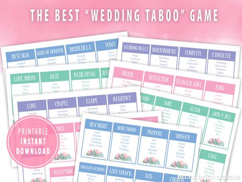 Printable Wedding Taboo Game - Bridal Shower Games - Bachelorette Ideas - Bridal Brunch - https://etsy.me/3qSY5Ov #etsy #bridalshowergames #weddingshowergame #bridalshoweractivities #taboogame #weddingtaboo #taboo #hendogames #coedweddingshower #hendotaboo Fast Talk, Spa Bachelorette, Fun Game Ideas, Taboo Words, Bridal Shower Checklist, Taboo Game, Game Hen, Guess The Word, Printable Bridal Shower Games