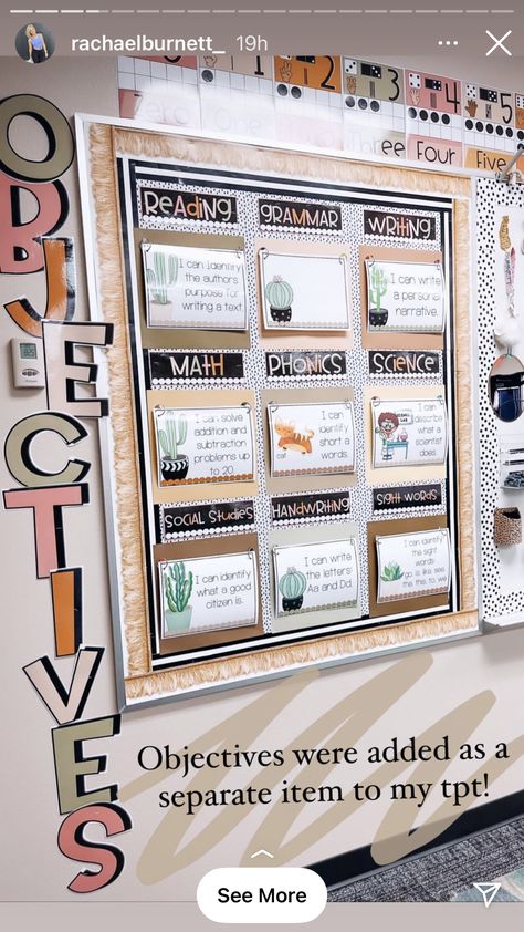 Useful Classroom Bulletin Boards, Teacher Job Announcement Photos, Boho Focus Wall Classroom, Elementary Classroom Boho Theme, Neutral Teacher Classroom, Supply Station Classroom, Objective Display Classroom, I Can Bulletin Board Ideas, Amplify Reading Program