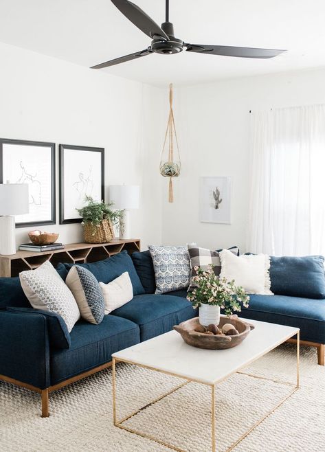 modern boho living room decor with blue velvet sofa and gold coffee table, navy sofa and boho pillows in living room design Anastasia Casey, Modern Boho Living Room Decor, Furnitur Ruang Keluarga, Modern Boho Living Room, Interior Design Minimalist, Interior Design Per La Casa, Boho Living Room Decor, Trendy Living Rooms, Blue Living Room