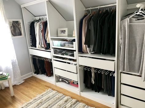 Slanted Ceiling Closet, Attic Bedroom Closets, Ikea Closet Hack, Ikea Room, Attic Bedroom Storage, Ikea Pax Closet, Pax Closet, Closet Ikea, Attic Closet