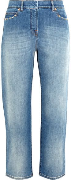 Valentino - Studded Cropped Mid-rise Boyfriend Jeans - Mid denim Valentino Jeans, Valentino Shirt, Miu Miu Sandals, Jeans For Woman, Designer Jeans For Women, Boys Fits, Most Wanted, Jeans For Women, Designer Jeans