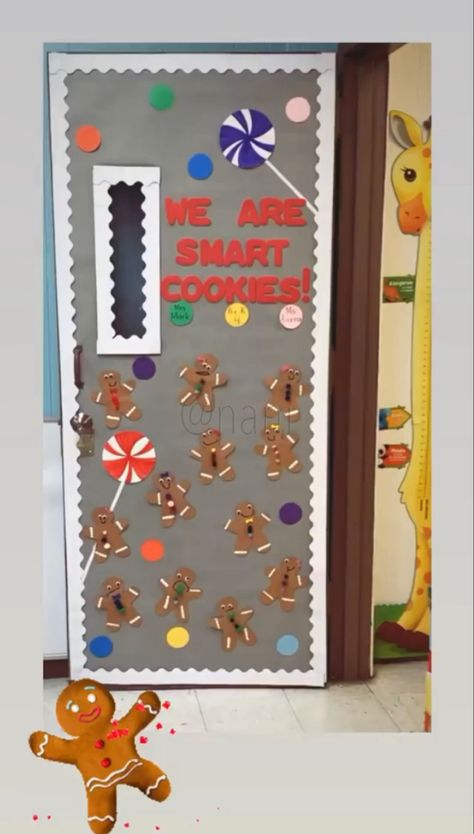 Students decorate their own gingerbread. #classroomdoor #classdoor Winter Holiday Classroom Door Ideas, Gingerbread Man Classroom Door, Christmas Door Decorations Gingerbread, Gingerbread Man Door Decoration, Gingerbread Christmas Decor Classroom, Holiday Door Decorating Contest Schools, Gingerbread Classroom Door Ideas, Gingerbread House Door Classroom, Gingerbread Door Decorations For School