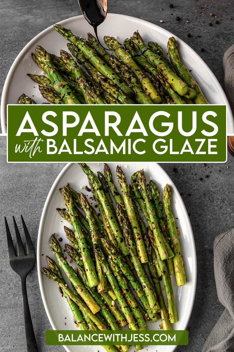 Baked Asparagus with homemade Balsamic Glaze is deliciously easy and healthy! The sweet and sour balsamic reduction is the perfect pairing to perfectly cooked asparagus in the oven. All you need is 6 ingredients and 25 minutes for this perfect side dish! Vegan, vegetarian, less than 30 ingredients, gluten free, dairy free. Asparagus With Balsamic Glaze, Asparagus In The Oven, Cooked Asparagus, Homemade Slaw, Oven Roasted Asparagus, 2024 Recipes, Baked Asparagus, Roasted Vegetable Recipes, Easter Dinner Recipes