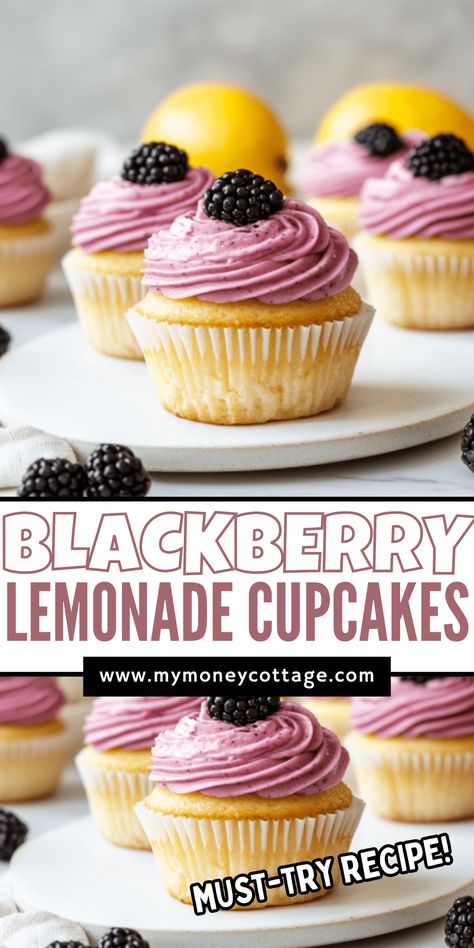 Bright, fruity, and full of summer vibes! These blackberry lemonade cupcakes are bursting with fresh berries and zesty citrus flavor, topped with a sweet and tangy frosting. A refreshing treat for warm weather, picnics, and special occasions! Light, fluffy, and so easy to make. Save this vibrant cupcake recipe for a fun and flavorful dessert!

Spring Dessert Ideas, Spring Food Recipes, Spring Bake Sale, Spring Cakes, Spring Cake Recipes, Spring Dessert Recipes Dessert Spring, Spring Dessert Ideas, Pastel Sweets, Blackberry Lemonade, Lemonade Cupcakes, Spring Dessert, Spring Treats, Spring Food, Spring Cake