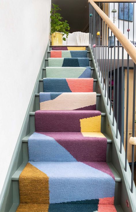 Rainbow Stair Runner, Mid Century Stair Runner, Stair Runners Ideas, Stairs Diy, Stair Rug, Stair Decor, H Design, Stair Runners, House Stairs