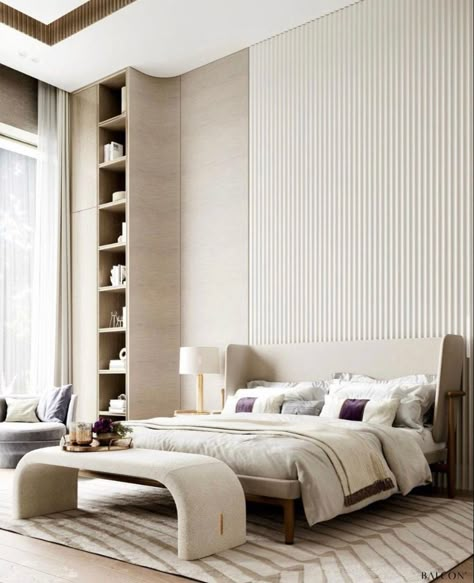 Curved Headboard Design, Curve Bedroom Design, Headboard Design, Bedroom Interior Design Luxury, Stairs Design Modern, Curved Headboard, Beige Bedroom, Home Design Living Room, Residential House