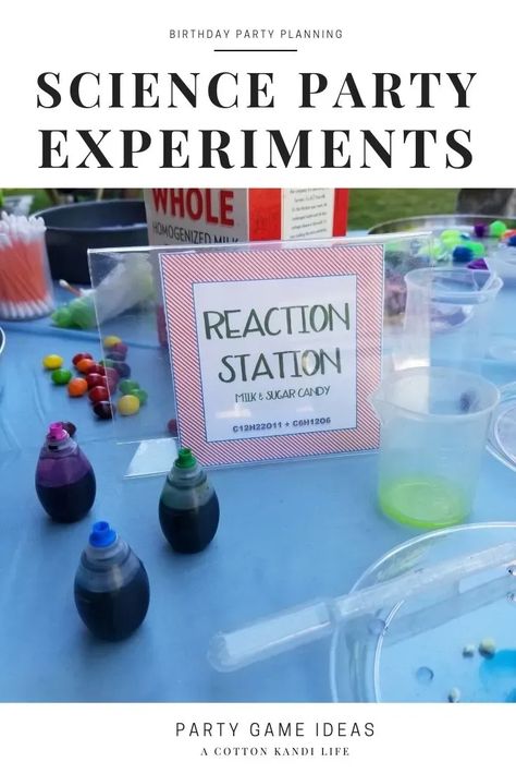 Science Experiment Stations made easy for your next birthday party. You'll get a BIG reaction with some simple kitchen ingredients! Run stations and watch your kids light up for basic chemistry they can do too. Birthday Party Experiments, Safe Chemistry for Kids, Mad Scientist Party Ideas, VBS Activities, Vacation Bible School Theme. Science Birthday Party Experiments, Science Party Table, Science Experiments Party, Science Lab Birthday Party Ideas, Science Themed Birthday Party Activities, Kids Science Birthday Party Ideas, Mad Scientist Birthday Party Ideas, Stem Party Ideas, Mad Scientist Food Ideas