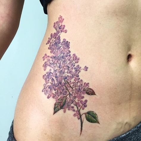 Chickadee And Lilac Tattoo, Lilac Shoulder Tattoo, Tattoo Lilac, Lilac Tattoo, Purple Tattoos, Flower Tat, Belly Tattoo, Tattoo Shoulder, Bat Tattoo