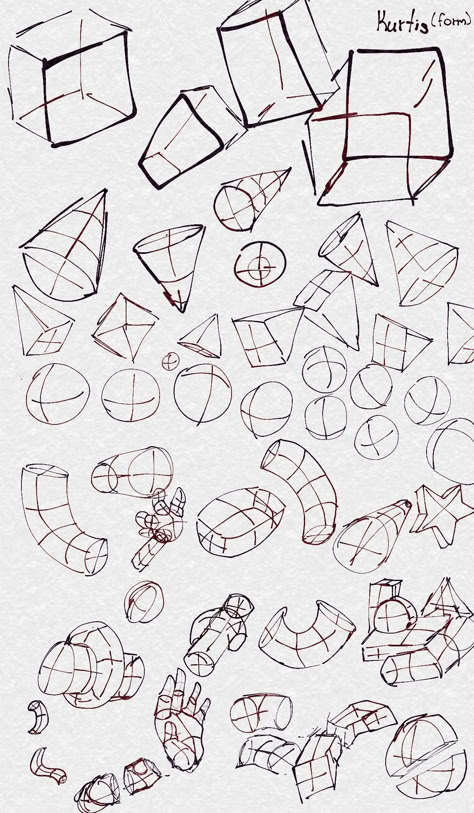 Shapes Perspective Drawing, 3d Shapes Sketch, Drawing Ideas Shapes, Form In Art Drawing, Anatomy Practice Shapes, Shapes To Draw Bodies, Drawing Fundamentals Shape, Perspective Art Practice, Basic Fundamentals Of Drawing