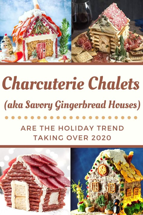 Charcuterie Gingerbread Houses, Charcuterie Gingerbread House How To, Charcuterie House Ideas, How To Make A Charcuterie House, Charcuterie House For Christmas Diy, Charcuterie Chalet For Christmas, Meat And Cheese Gingerbread House, Charcuterie Log Cabin, Charcuterie House Christmas