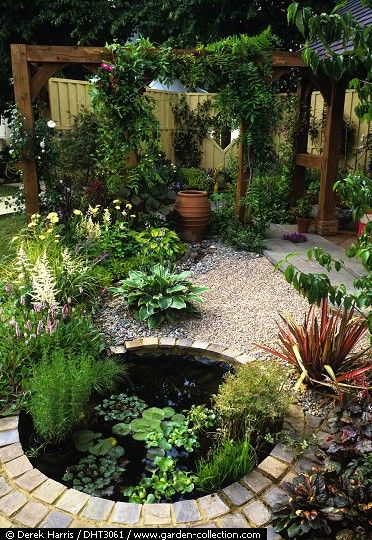 Koi pond? Fire pit? I just want that brick arrangement. And that trellis thing.                                                                                                                                                                                 More Kolam Air, Small Pond, Water Features In The Garden, Have Inspiration, Ponds Backyard, The Secret Garden, Plants And Flowers, Ideas Garden, Garden Cottage