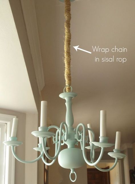 DIY Chandelier Makeovers - Mint And Sisal Rope Chandelier Redo - Easy Ideas for Old Brass, Crystal and Ugly Gold Chandelier Makeover - Cool Before and After Projects for Chandeliers - Farmhouse, Shabby Chic and Vintage Home Decor on A Budget - Living Room, Bedroom and Dining Room Idea DIY Joy Projects and Crafts http://diyjoy.com/diy-chandelier-makeovers Painting Chandeliers, Chandelier Upgrade, Chandelier Redo, Painted Chandelier, Shabby Chic Dining Room, Chandelier Makeover, Chandelier Chain, Shabby Chic Dining, Diy Dining Room