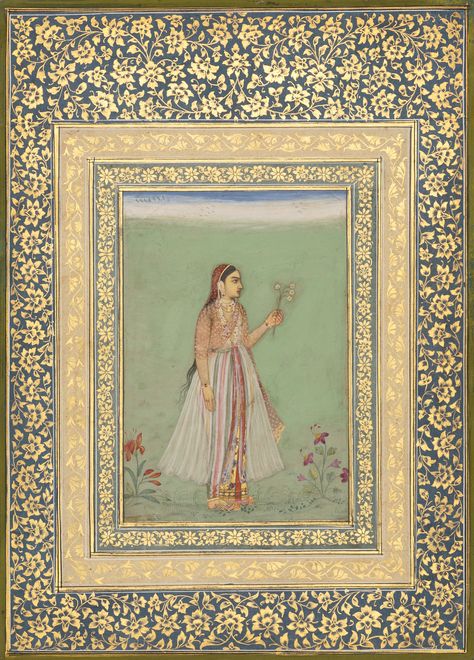 Court Lady with a Narcissus. Opaque watercolour and gold on paper, Mughal India, ca. 1630, Khalili Collection MSS 1026, Though a single woman holding a spray of flowers became something of a cliché during Shah Jahan’s reign, this is one of the early extant examples of the genre. ... Mughal Miniature Paintings, Mughal Art Paintings, South Asian Art, Persian Miniature, Mughal Paintings, Indian Painting, Indian Folk Art, Indian Paintings, Illuminated Manuscript