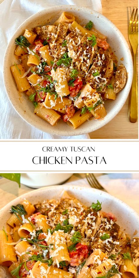 Rigatoni With Chicken, Rigatoni And Chicken Recipes, Rigatoni Chicken Pasta, Chicken Rigatoni Recipes, Tuscan Rigatoni, Tuscan Dishes, Tuscan Sauce, Chicken Tomato Pasta, Creamy Tuscan Chicken Pasta