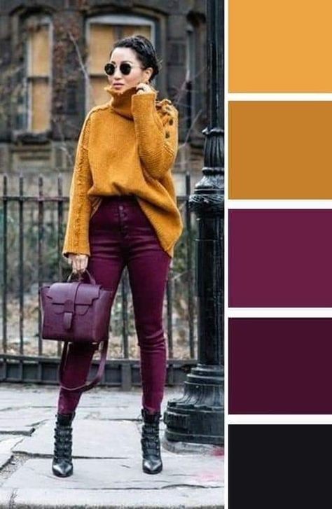 Warm Fall Color Palette Outfits, Dark Autumn Outfits Style, Complementary Colors Fashion, Mustard Turtleneck, Mustard Outfits, Autumn Color Palette Fashion, Theatrical Romantic, Colour Combinations Fashion, Burgundy Outfit