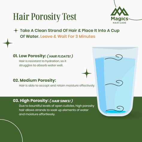 ✨ Discover Your Hair Porosity with Magics Hair Care! ✨ Understanding your hair's porosity can unlock the secrets to optimal hair care. Try our simple Hair Porosity Test at home and learn how to best care for your locks: 🌟 Hair Porosity Test: Take a clean strand of hair. Place it into a cup of water. Leave & wait for 3 minutes. 🔍 Results: 1. Low Porosity (Hair Floats!): Hair is resistant to hydration and struggles to absorb water well. 2. Medium Porosity: Hair can accept and retain moistur... Medium Porosity Hair, Porosity Test, Hair Porosity Test, Strand Of Hair, Baddie Hair, Low Porosity Hair, Locks Hair, High Porosity Hair, Hair Test