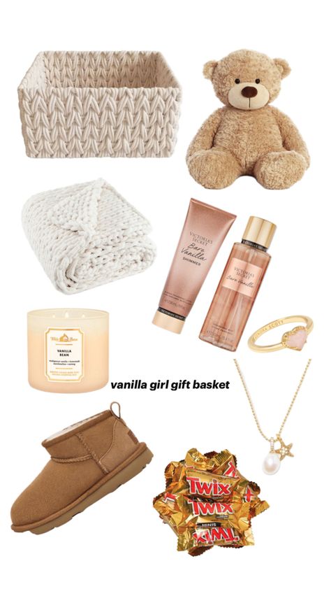 vanilla girl aesthetic simple cute gift basket Vanilla Girl Aesthetic, Girly Christmas Gifts, Birthday Basket, Cute Gifts For Friends, Vanilla Girl, All Holidays, Birthday Wishlist, Money Gift, Birthday Gifts For Girls