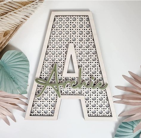 Custom Boho Wood Personalized Initial & Name Sign, 3D Layered Letter Handmade Rattan Wall Decor for Nursery or Child's Bedroom Rattan Name Sign, Modele Impression 3d, Wall Decor For Nursery, Rattan Wall Decor, Decor For Nursery, Rattan Wall, Wood Personalized, Laser Cnc, Initial Name