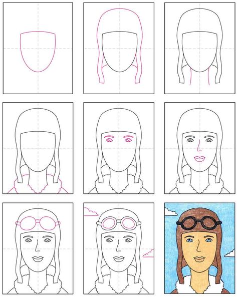 How to Draw Amelia Earhart · Art Projects for Kids Amelia Earhart Drawing, Amelia Earhart Wax Museum Project, Amelia Earhart Project, Amelia Earhart Craft, Amelia Earhart Activities, Art Ks2, Womens History, March Themes, Easy Disney Drawings