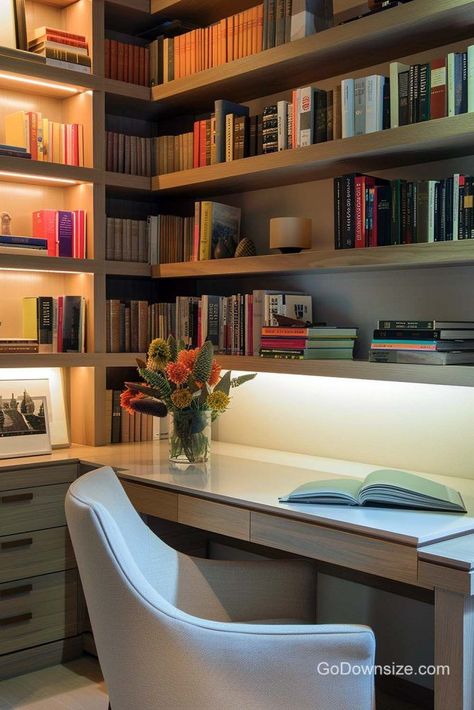 Check out this sophisticated little work corner. Its sleek design contains L-shaped wooden bookshelves and desk features. Corner Library Bookshelves, Bookshelves And Desk, Corner Library, Wooden Bookshelves, Work Corner, Bookshelf Corner, Library Corner, L Shaped Corner Desk, Office Bookshelves