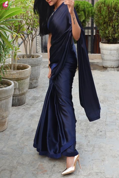 Buy Blue Satin Dupion Silk Taping Saree - Sarees Online in India | Colorauction Satin Sarees Party Wear, Dark Blue Silk Saree, Freshers Party Outfit College Indian Saree, Plain Satin Saree With Designer Blouse, Blue Satin Saree, Minimal Saree Look, Midnight Blue Saree, Blue Saree Look, Dark Blue Saree For Farewell