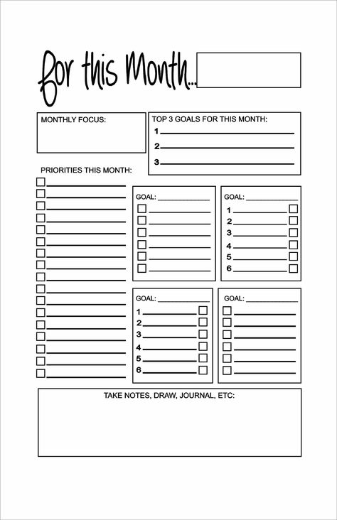 Add the Original Classic (Half Size 8.5 x 5.5) Monthly Goals Planner Page to make your goals for the month! Another page for anyone who loves to be organized! Enjoy that accomplished feeling that comes with being organized and keeping up with those important future dates. This planner was built for anyone who loves to be organized!  With plenty of space for those important future dates, such as birthdays, anniversaries, and more! This planner page is only offered as a downloadable item. It can b Monthly Goals Planner, Goals For The Month, Being Organized, Bullet Journal Ideas Templates, Blank Templates, Life Binder, Daily Planner Pages, Writing Therapy, Monthly Goals