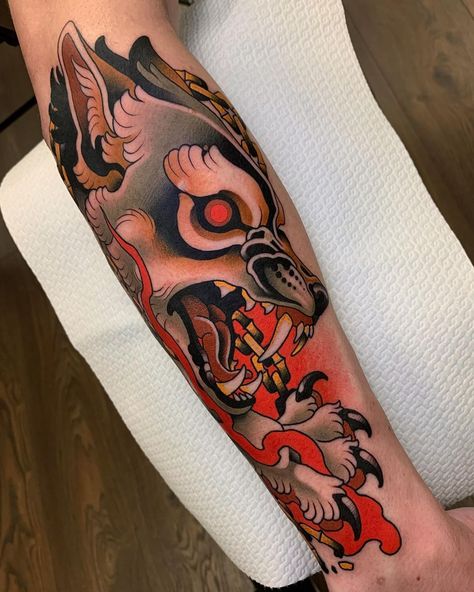 Fenrir Tattoo, Outer Forearm Tattoo, Coverup Tattoo, Wolf Tattoo Design, Fire Tattoo, Mask Tattoo, Tattoo Graphic, Old School Tattoo Designs, Fox Tattoo